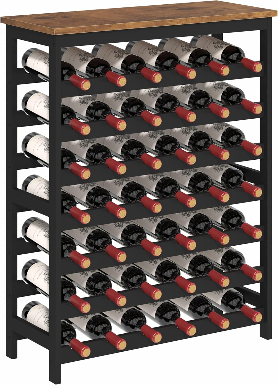 42 Bottles Bamboo Wine Rack Freestanding Floor, 7-Tier Wine Storage Shelf with Table Top, Wine Display Holder for Kitchen Pantry Bar Cellar, Rustic Brown and Black