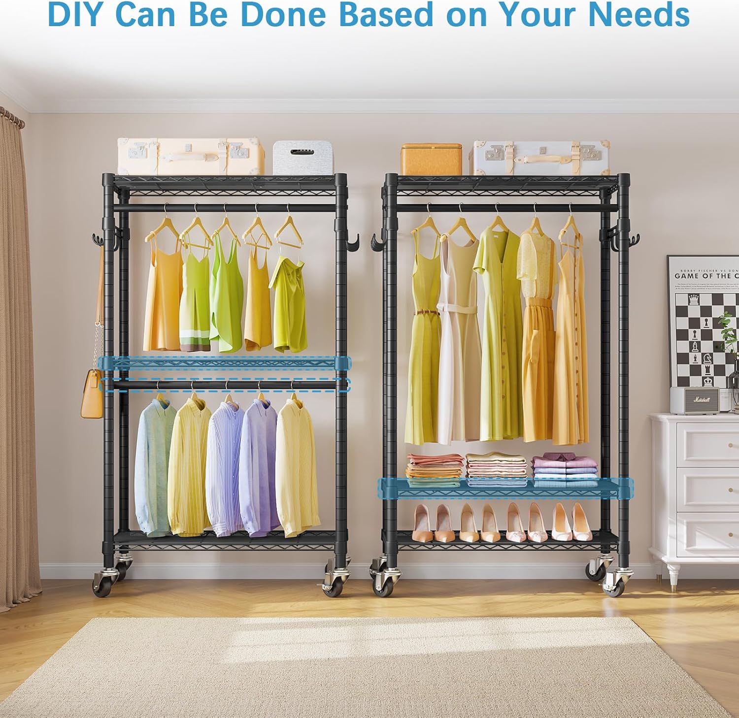 VIPEK R2 Mini Rolling Clothes Rack Heavy Duty Clothing Rack for Hanging Clothes Adjustable Portable Closet Metal Clothes Racks with Wheels Double Rods Side Hooks, Freestanding Garment Rack, Black
