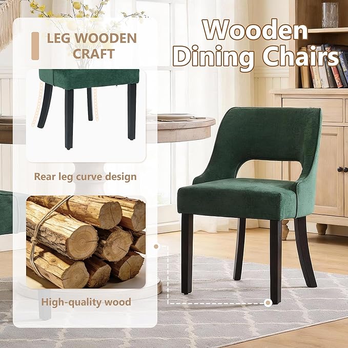 ClinQ Wooden Dining Chairs Set of 4, Modern Fabric Upholstered Kitchen Chairs Dining Chair, Mid Century Modern Chair for Kitchen Dining Room, Farmhouse Kitchen Chairs, Dark Green-Black Legs