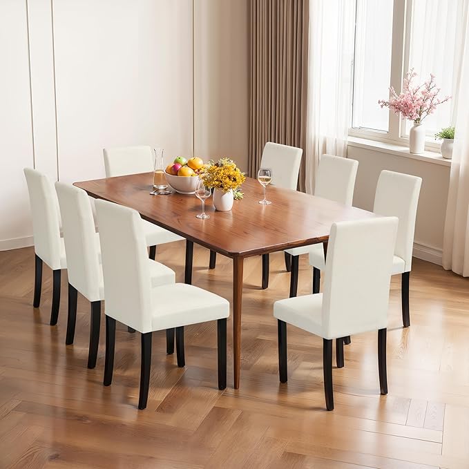 CHUN YI Upholstered Dining Chairs Set of 8, Fabric Dining Room Chairs with Solid Wood Legs, Modern Parson Chairs for Kitchen, Restaurant, Hotel, Ivory White