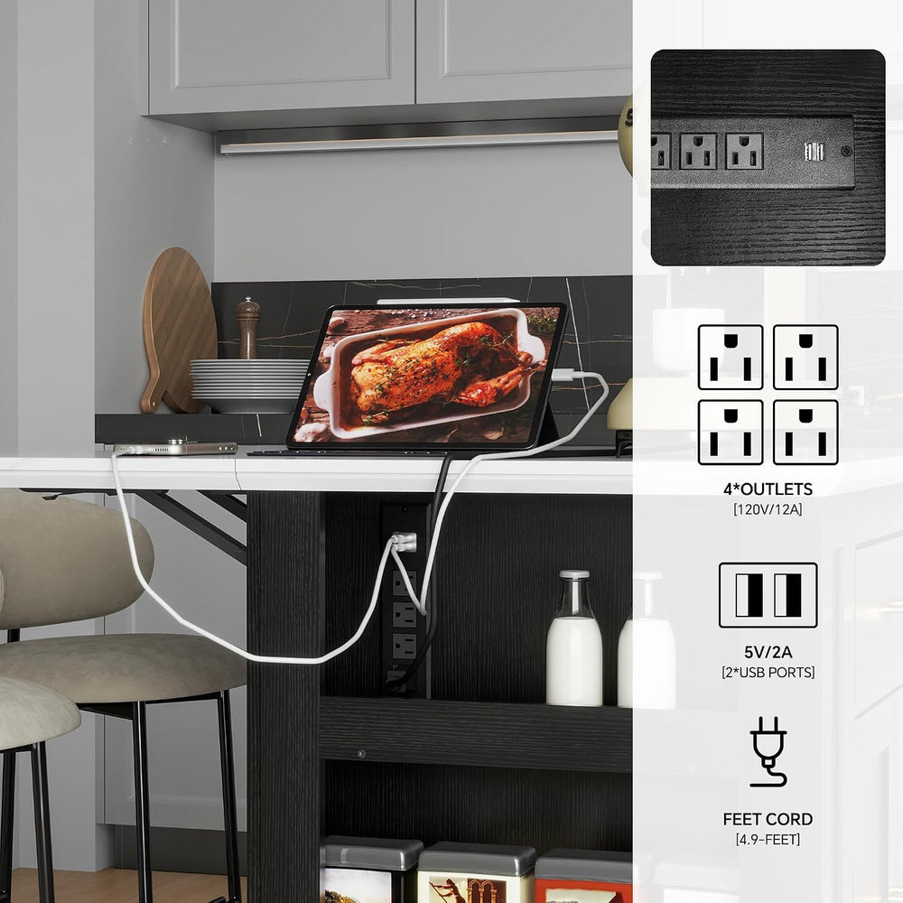 FUSUNBAO Large Kitchen Island with Storage, Drop Leaf & Outlet,Black | Po...