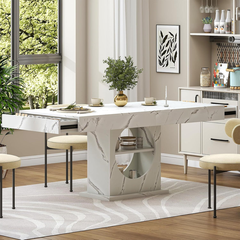 Dining Table for 4-6 People, 55 Inches Dinner Table with Drawers and Open Sto...