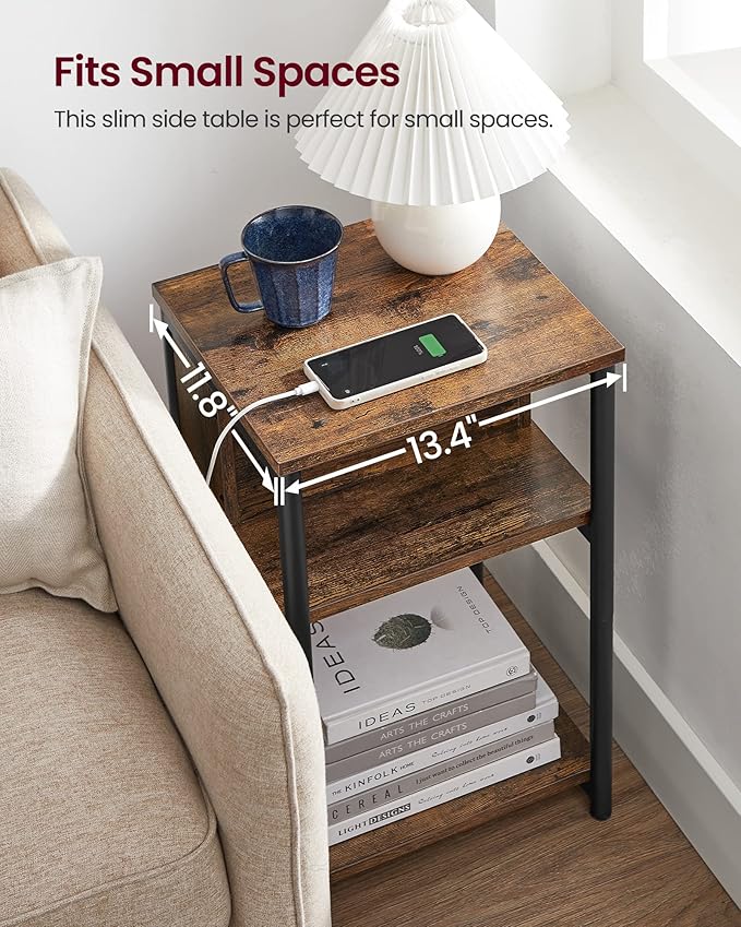 VASAGLE Side Table with Charging Station, 3-Tier End Table with USB Ports and...
