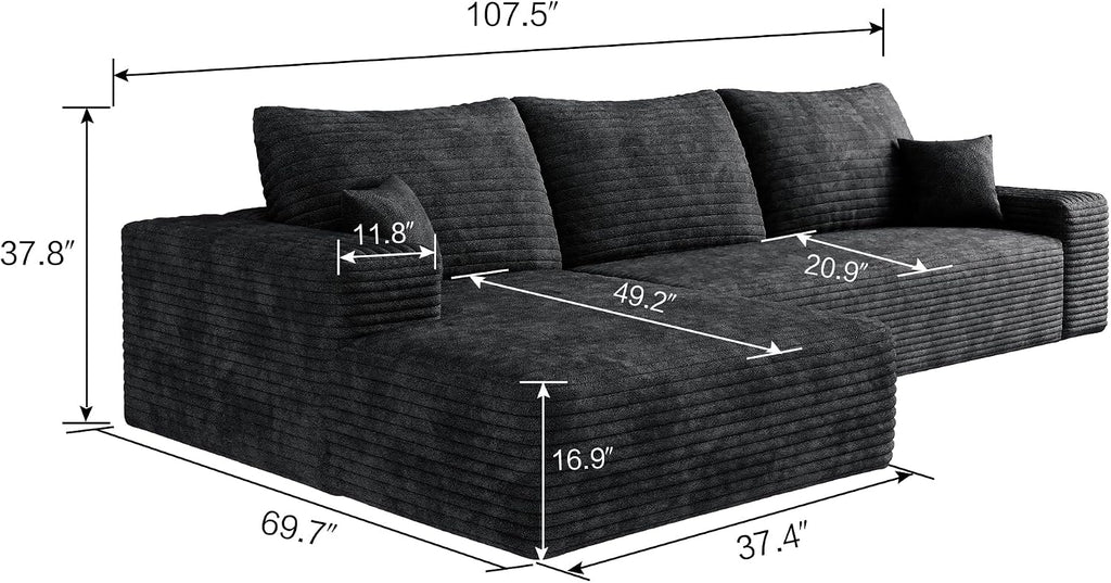 107" Boneless Couch with L Shaped Chaise, Plush Corduroy Sleeper Sectional Sofa, Deep Seat Comfy Couches for Living Room Bedroom, Compressed Foam Cloud Sofas, No Assembly, Left Facing Chaise, Black