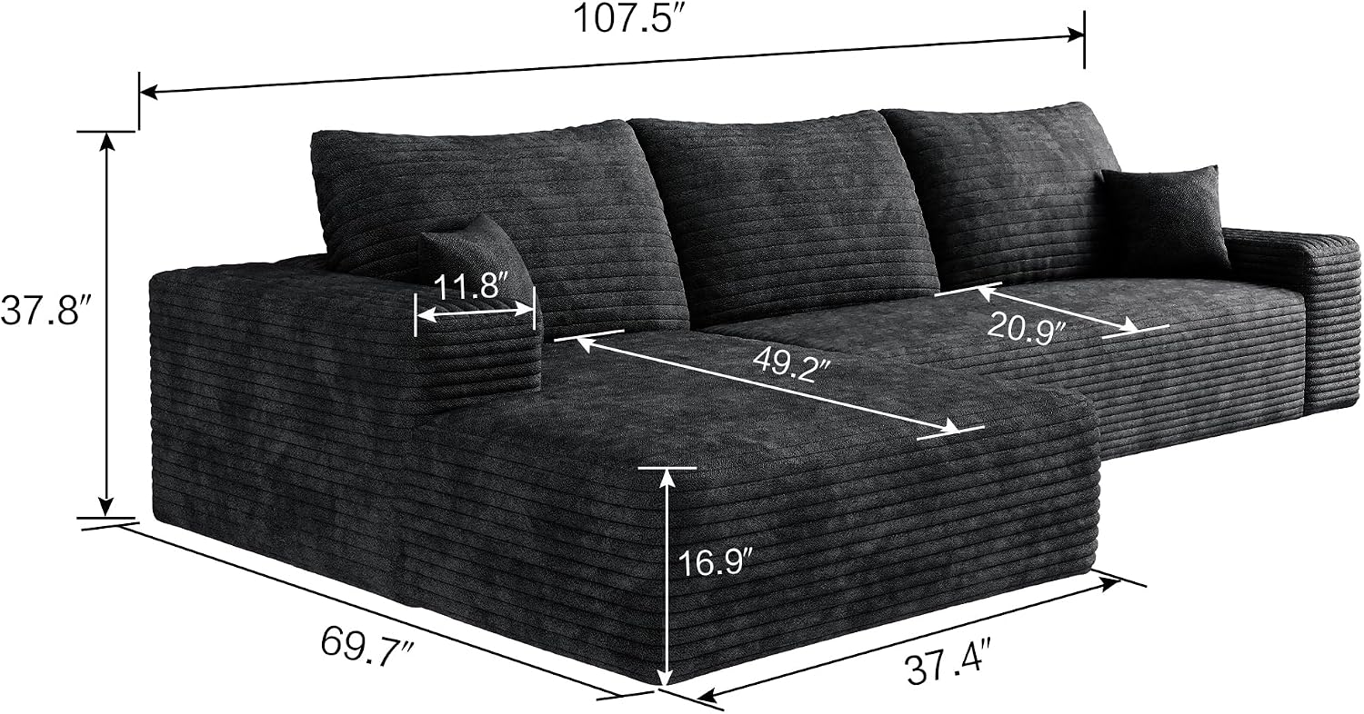 107" Boneless Couch with L Shaped Chaise, Plush Corduroy Sleeper Sectional Sofa, Deep Seat Comfy Couches for Living Room Bedroom, Compressed Foam Cloud Sofas, No Assembly, Left Facing Chaise, Black
