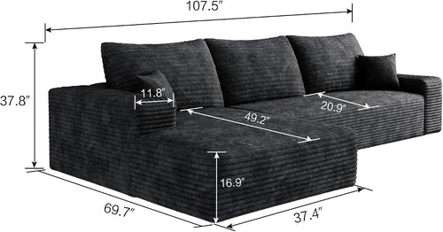107" Boneless Couch with L Shaped Chaise, Plush Corduroy Sleeper Sectional Sofa, Deep Seat Comfy Couches for Living Room Bedroom, Compressed Foam Cloud Sofas, No Assembly, Left Facing Chaise, Black