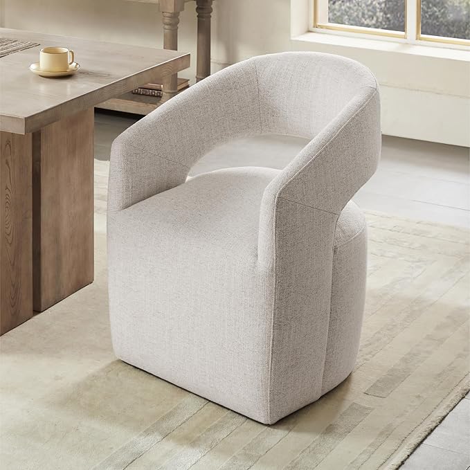 Upholstered Dining Chairs with Casters, No Assembly Modern Barrel Armchair with Rollers for Dining Room, Bedroom, Living Room, Reading Room, Home Office, Set of 4, Beige