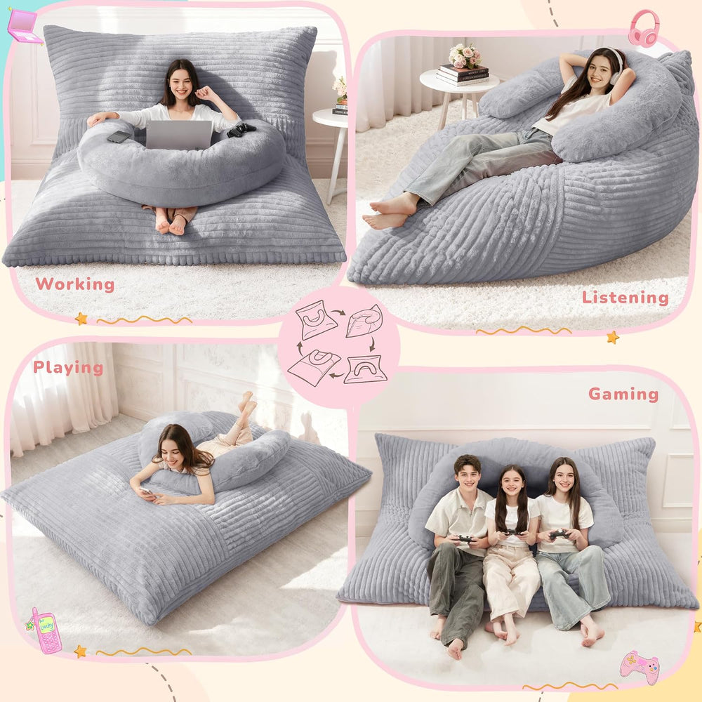Homguava Giant Bean Bag Chair for Adults with Pillow, 4 in 1 Convertible Floo...