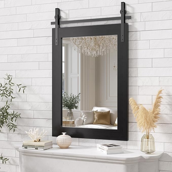 Hasipu Farmhouse Bathroom Mirror, 18"x26" Rustic Wood Framed Wall Mounted Mirror, Black Vintage Vanity Mirror Barn Door Style Decrative Mirrors