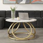 O&K FURNITURE Modern Gold Coffee Table, Faux Marble Pattern Center Table with Sintered Stone Tabletop, Round Coffee Table Living Room & Home Office