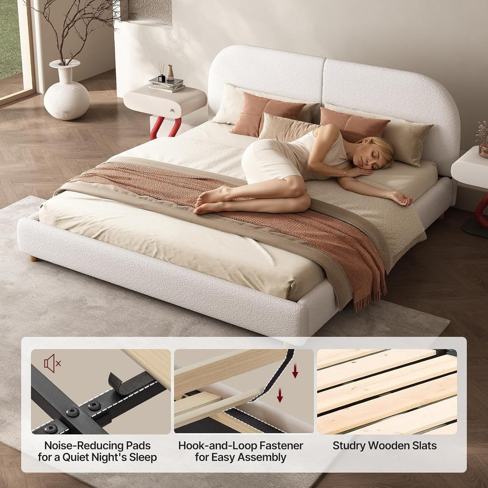Kenhome Queen Size Boucle Cloud Bed Frame, Upholstered Platform Bed with Curv...