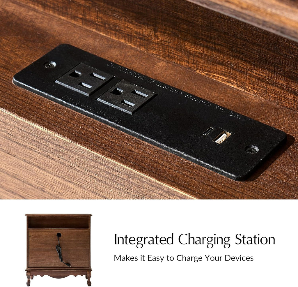 HULALA HOME Transitional Side Table Set of 2 with 3 Drawers and Charging Station, 28" Solid Paulownia Wood Sidetable with Vertical Stripe, Walnut