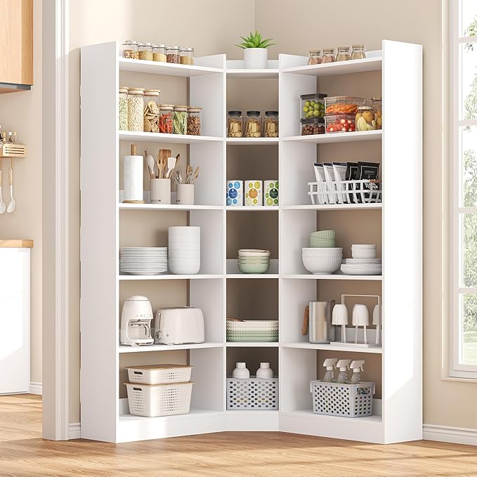 6 Tiers Corner Bookshelf, 63.1" Tall Modern Corner Etagere Bookcase Storage Display Rack Book Shelf with Baffle, Industrial L Shaped Bookshelves for Bedroom, Home Office, Living Room, White