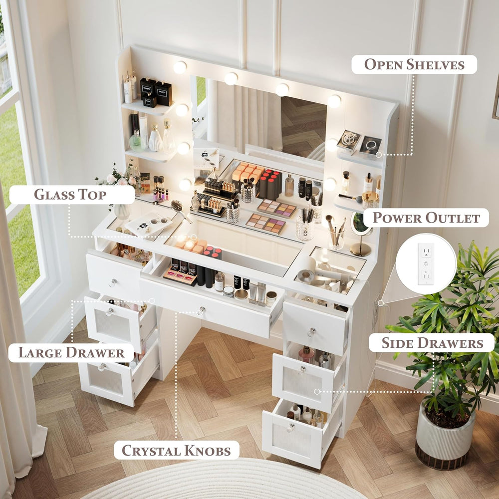 Makeup Vanity with 3-Color Lighted Mirror, Glass Top Makeup Desk with 7 Drawe...