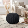 LR Home Black Cableknit Cotton Round Ottoman for Home Decor | Hand-Made Casual Foot Rest for Bedroom & Living Room Decor | 20 x 20 x 16 Stuffed Pouf for Seating