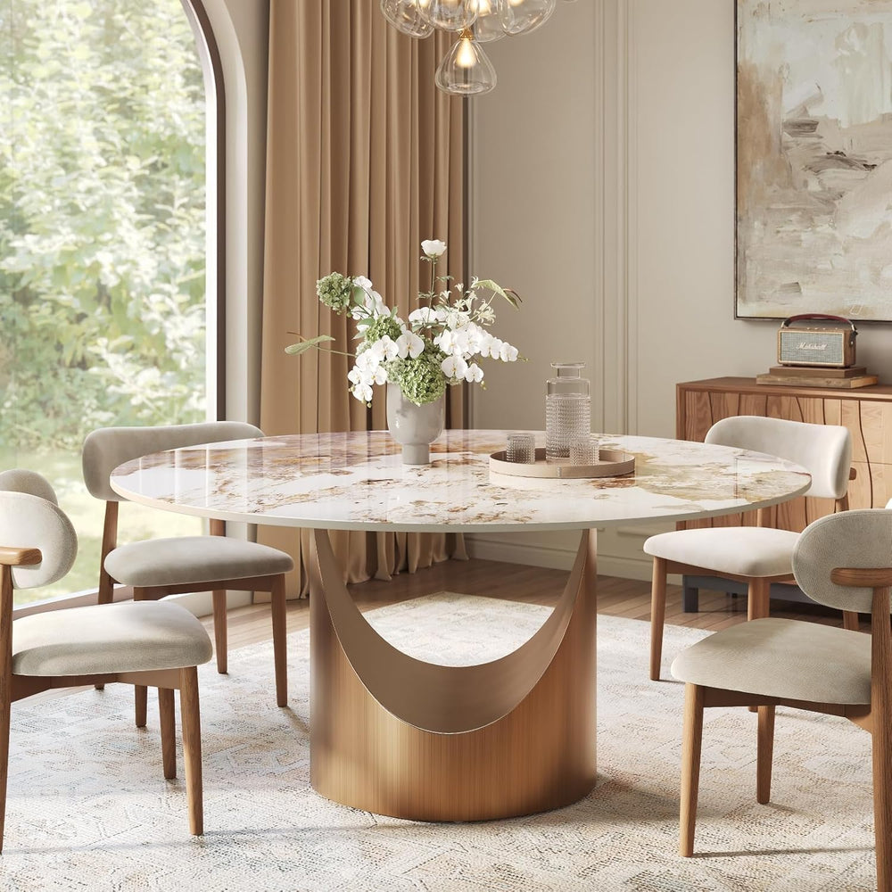 POVISON 59" Round Dining Table for 6, Pandora Sintered Stone Tabletop | ...
