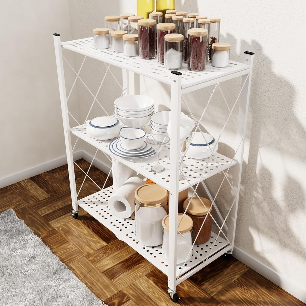 3 Tier Foldable Storage Shelf with Wheels, Heavy Duty Garage Shelving Unit Loads 550 LBS, Metal Steel Collapsible Shelves, Rolling Standing Utility Rack for Kitchen, Pantry, Office, White
