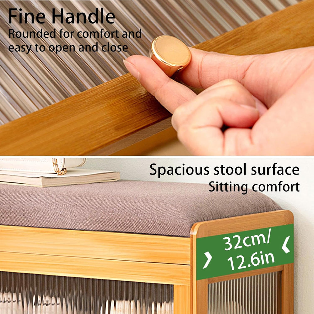 Shoe Storage Bench- Bamboo Entryway Bench with Seat Cushion, 2-Tier Shoe Rack...