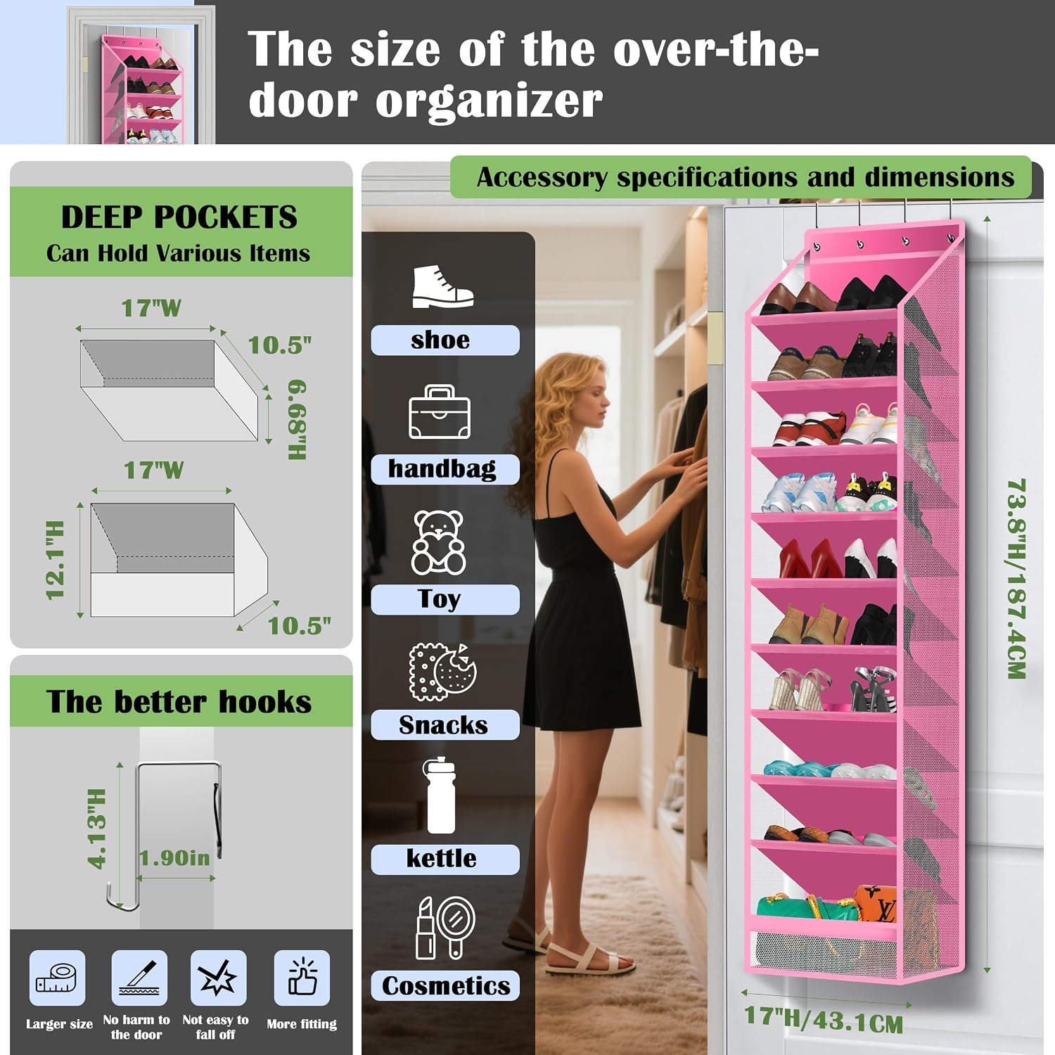 10 - Pocket Over - the - Door Hanging Shoe Organizers & Rack, Made of Sturdy 600D Oxford + Non - Woven Fabric, Space - Saving Storage for Shoes, Boots & More (Pink)