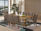 NKFO9-AWA-18-9-Piece Kitchen Set Consists of a Dinner Table and 8 Brown Linen Fabric Kitchen Chairs with Button Tufted Chair Back - Antique Walnut Finish.