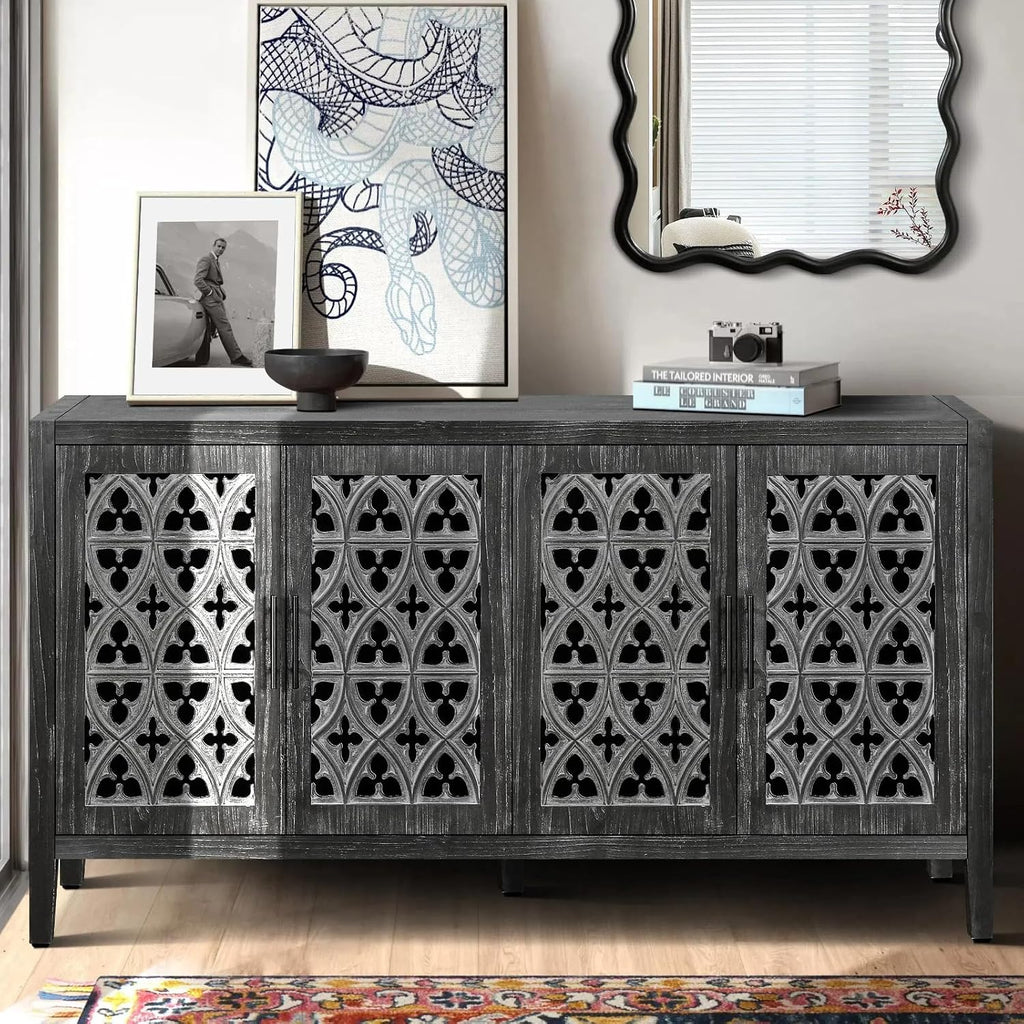 Buffet Sideboard Credenzas for Living Room, 60" Entryway Table with Storage Accent Cabinet, Hollow Carved Doors, Antique Black