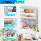 Wall File Organizer Holder Mesh Hanging Paper Document Holder, Vertical 6 Pocket Tier for Office Home, Silver