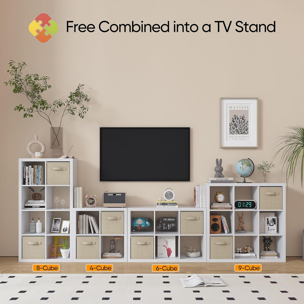 furtble Bookshelf with Storage Bin, 4-Cube Storage Organizer, Modern Wood Open Bookcase, Multifunctional Display Shelf for Living Room, Bedroom, Home Office, White