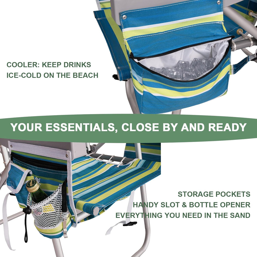 Romswi Tall Beach Chair Extra Wide for Adults, 17" High Seat Backpack Be...