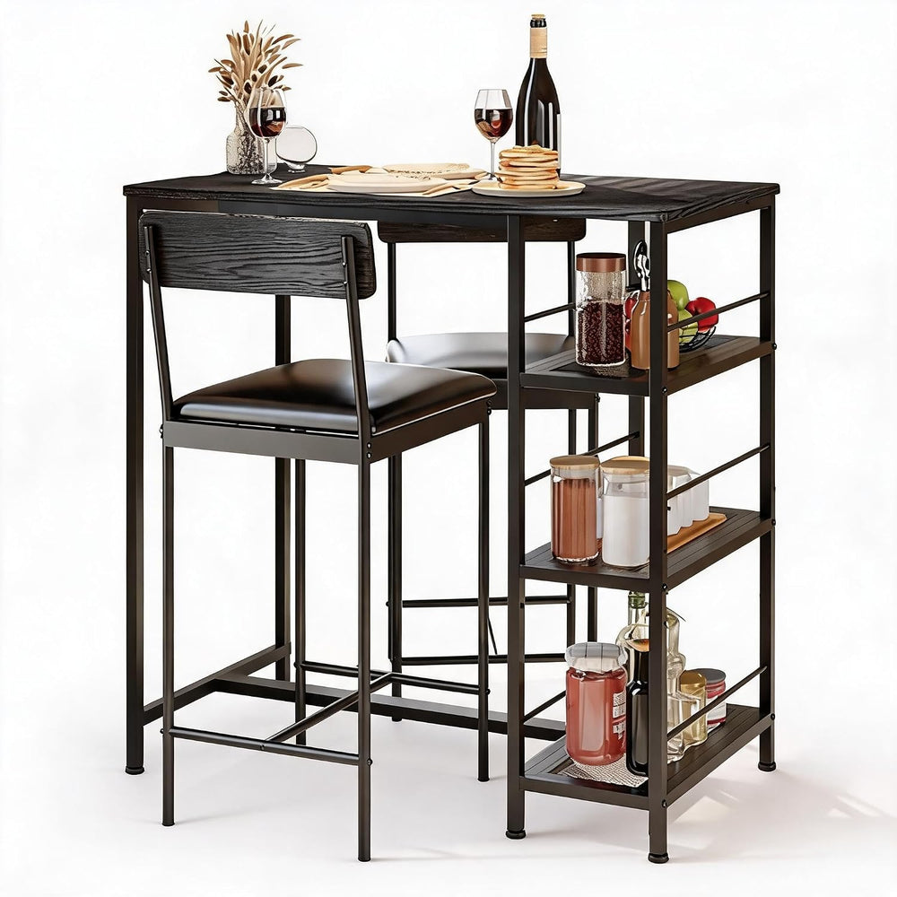 3-Piece Bar Table Set with 2 Bar Stools, Built-in Wine Rack and 3-Tier Storag...