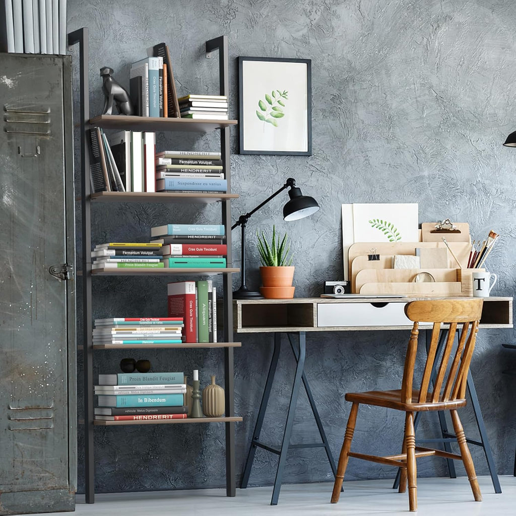 Tangkula Industrial Ladder Shelf Against The Wall, 5-Tier Wall Mount Ladder Bookshelf with Metal Frame, 72 Inch Open Bookcase Plant Flower Stand Display Storage Rack for Home Office (Rustic Brown)