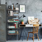 Tangkula Industrial Ladder Shelf Against The Wall, 5-Tier Wall Mount Ladder Bookshelf with Metal Frame, 72 Inch Open Bookcase Plant Flower Stand Display Storage Rack for Home Office (Rustic Brown)