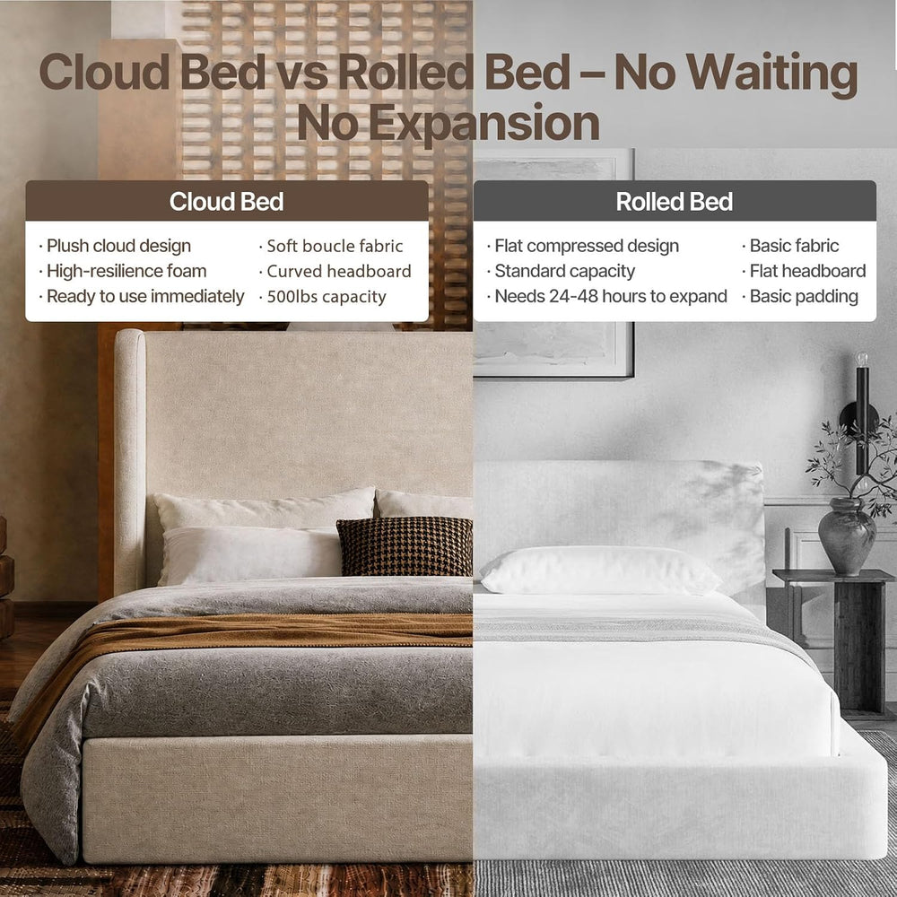 Queen Platform Bed, Tall Wingback Chenille Headboard, Sturdy Wood Slats Silen...