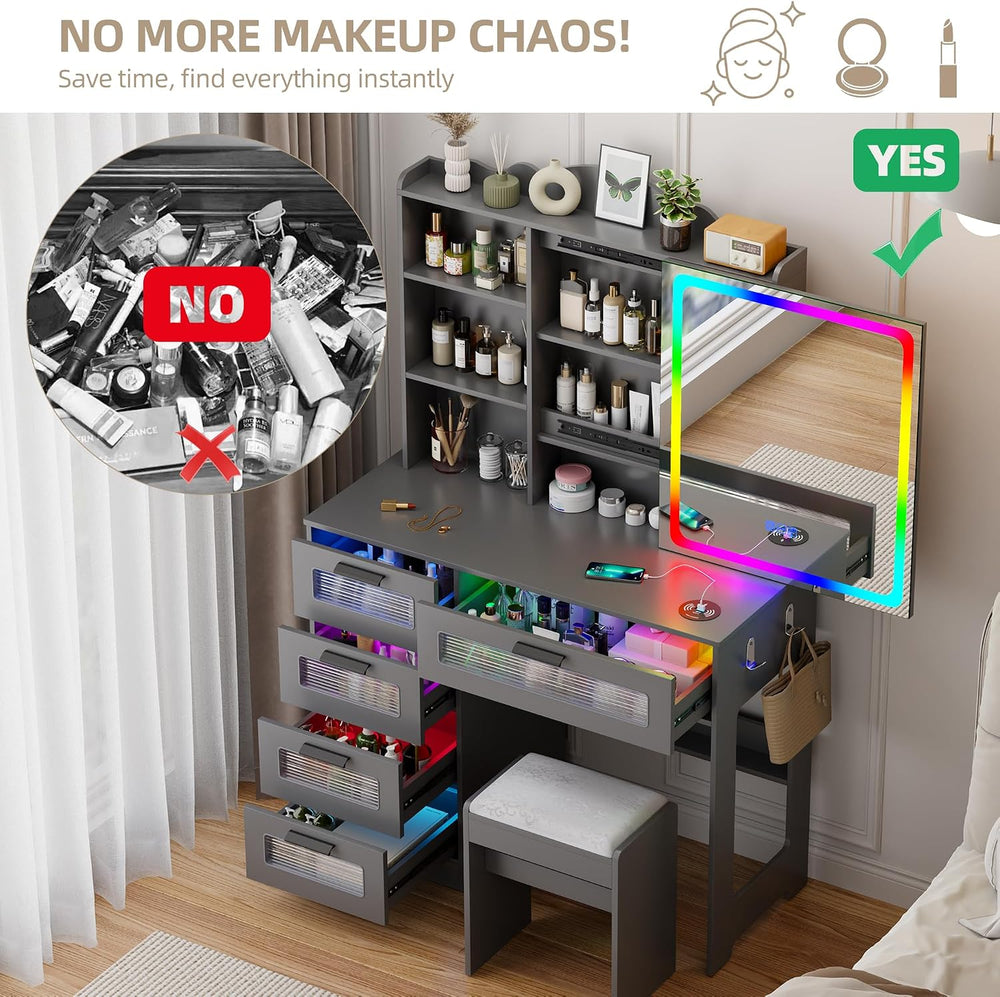 Gurexl RGB Vanity Desk with Sliding Mirror and Lights,Glass Top Makeup Vanity...