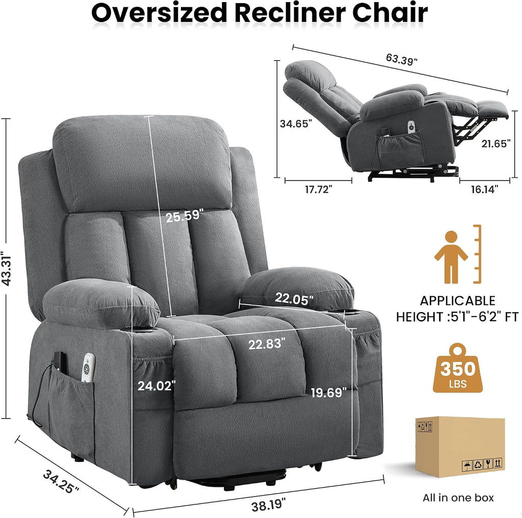 Power Lift Recliner Chair with Heat and Massage | Electric Recliner Sofa, Side Pocket & USB Charge Port, Grey Recliner Chairs for Adults, Easy Remote Control