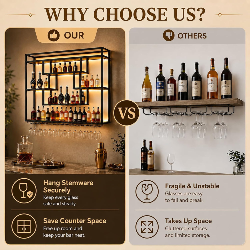 Wall Mounted Wine Rack with LED Lights, Large Industrial Metal Liquor Bottle ...