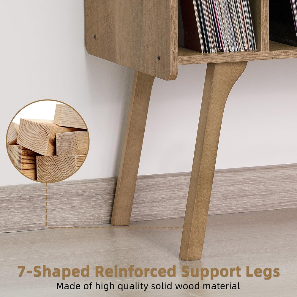 LELELINKY Wide Record Player Stand, 4-Cubby Vinyl Storage Table, Oak Grey | M...
