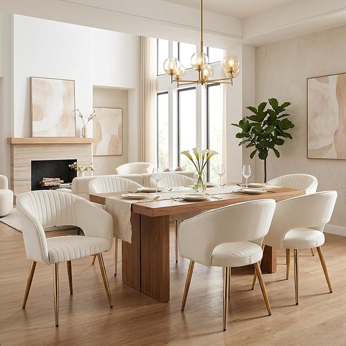 Cream Velvet Dining Chairs Gold Legs, Modern Dining Room Chairs with Arms Set of 2 Upholstered Accent Chair Armchair with Barrel Back for Kitchen Living Room