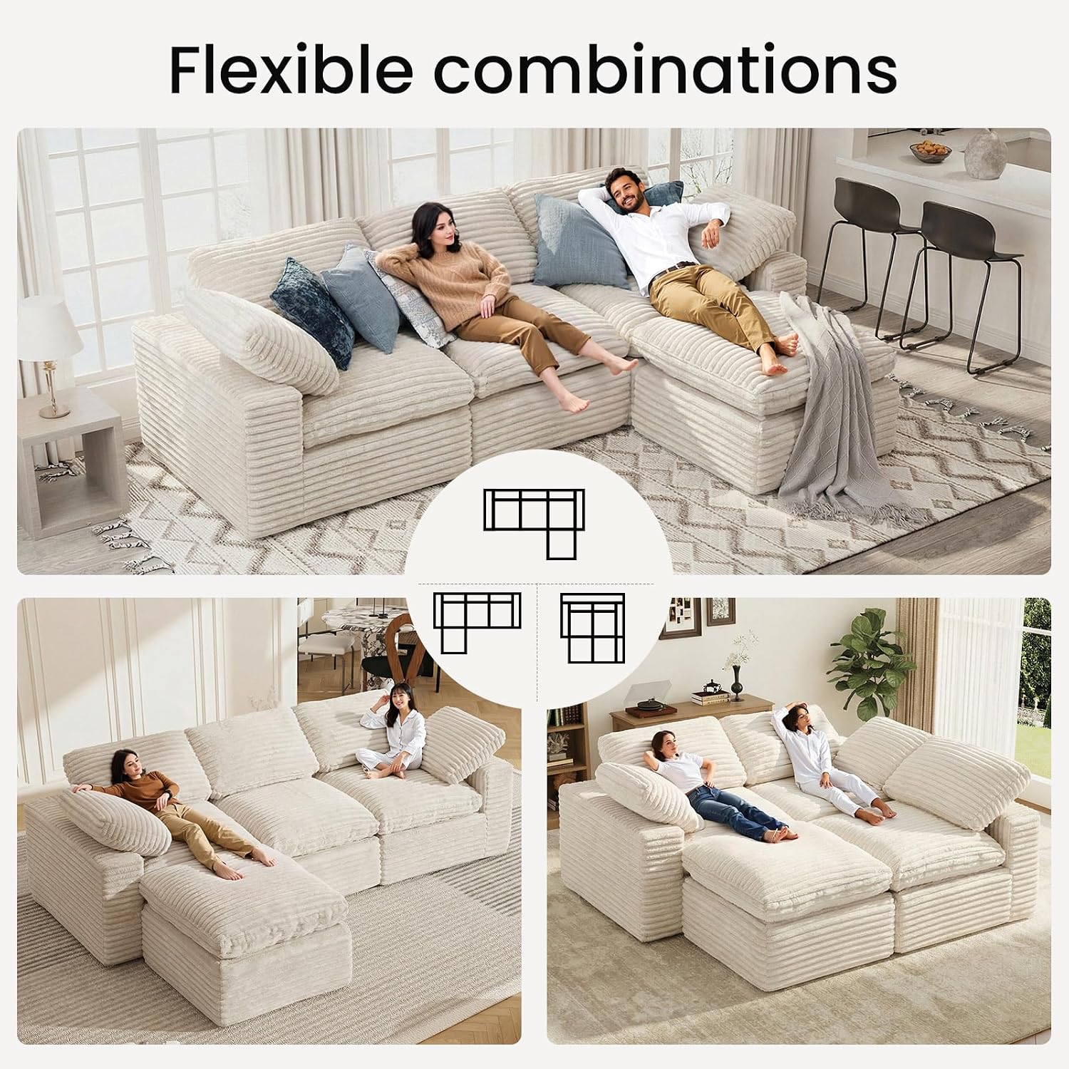 KKL 118" Modular Sectional Sofa, Cloud Sectional Couch L-Shaped with Ottoman, Corduroy Boneless Couch for Living Room Bedroom, Deep-Seat Upholstered Modular Cloud Sofa, No Assembly Required, Beige