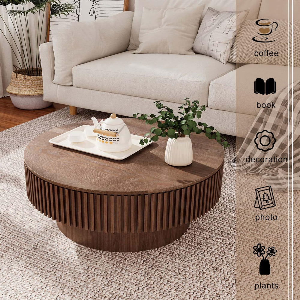 Round Coffee Table with Storage, Modern Wooden Coffee Table