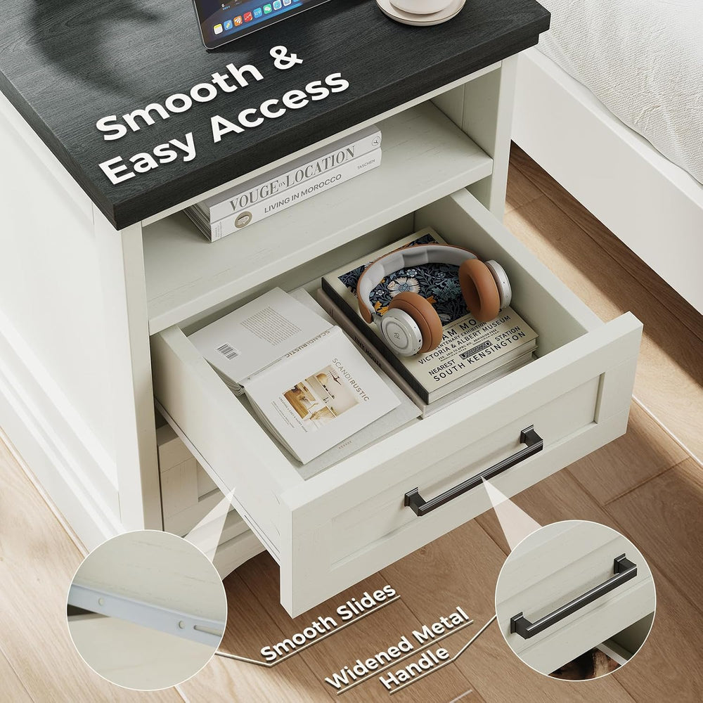 DUMOS Farmhouse Nightstand with Charging Station & USB Ports
