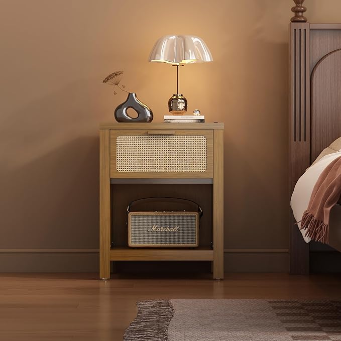 Rattan Nightstand, Mid Century Modern Bedside Table with Opening Storage,Larg...