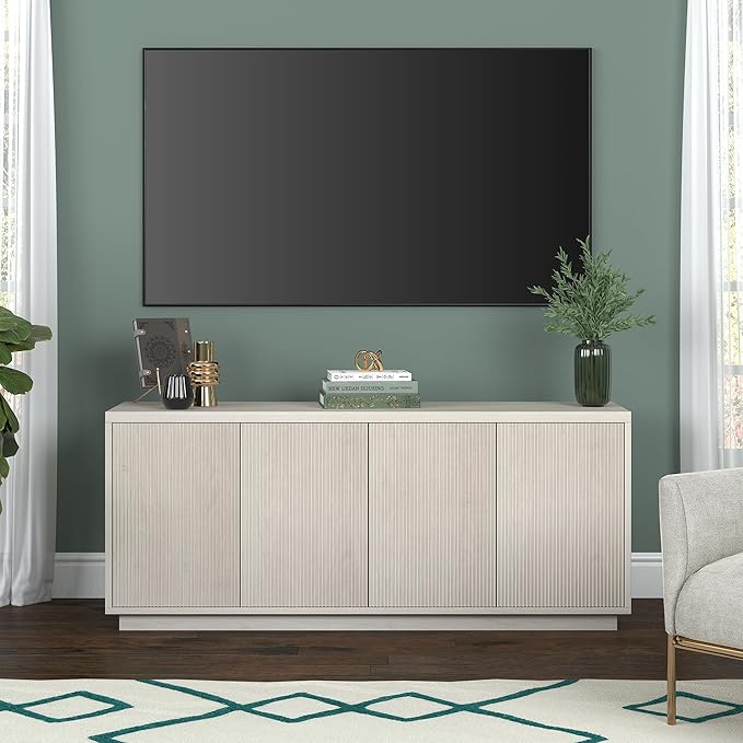 Henn&Hart Fluted TV Stand for TVs up to 65" with 2 Concealed Ribbed Storage Cabinets and Adjustable Shelves for Living Room, Family Room, or Office, Beech White