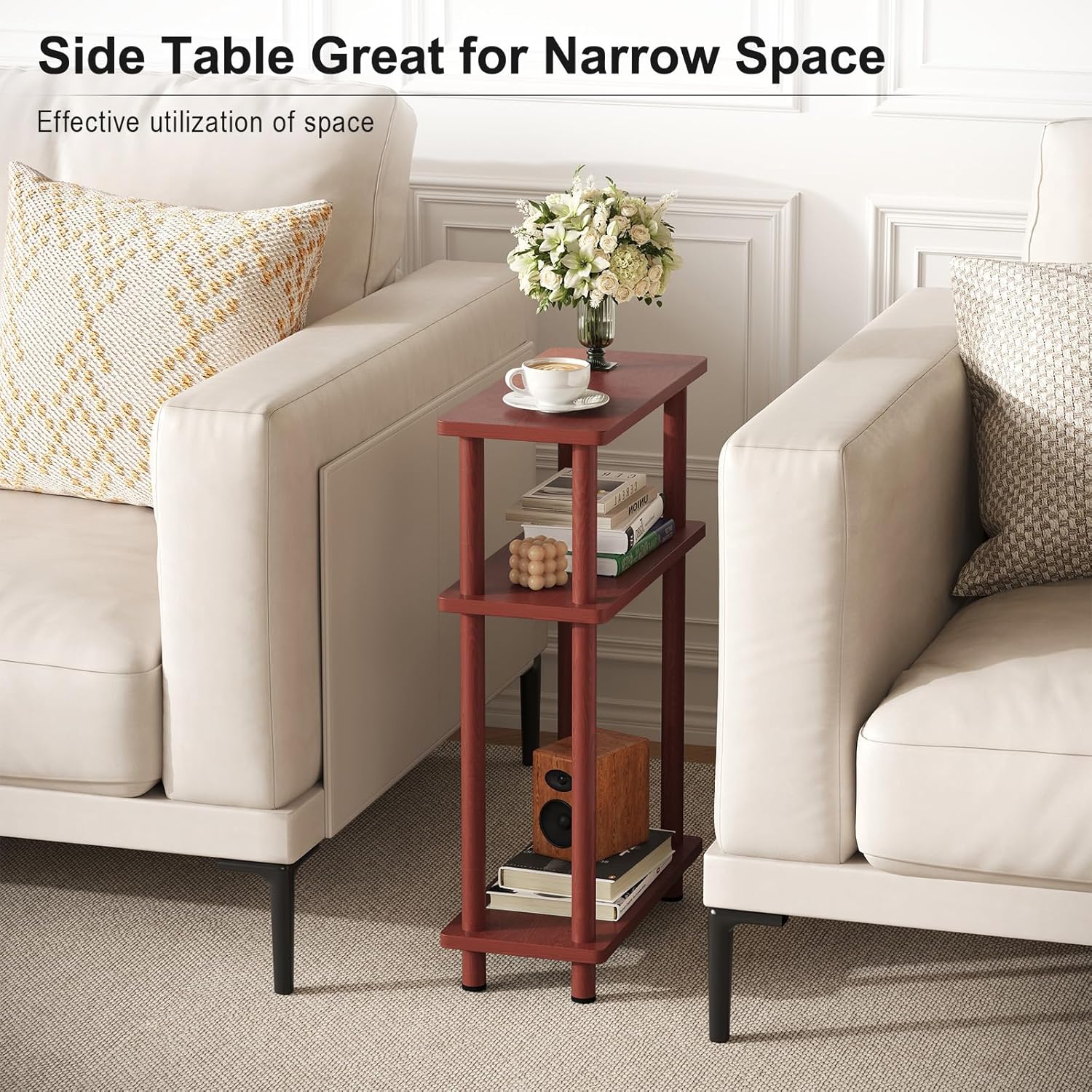 Apicizon 3 Tier End Table, Narrow Side Table with Storage Shelf, Bedroom, Living Room, Entryway, Farmhouse, Dark Brown