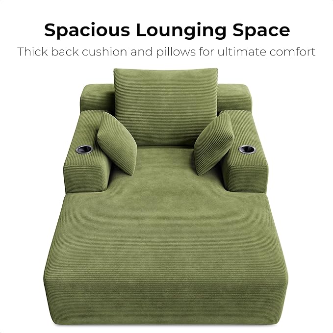 LIKIMIO 71.6" Oversized Chaise Lounge Chair Indoor with Cup Holders & Storage - Corduroy Sofa Bed for Living Room, Reading Nook, or Bedroom, No Assembly Cloud Couch (Green)