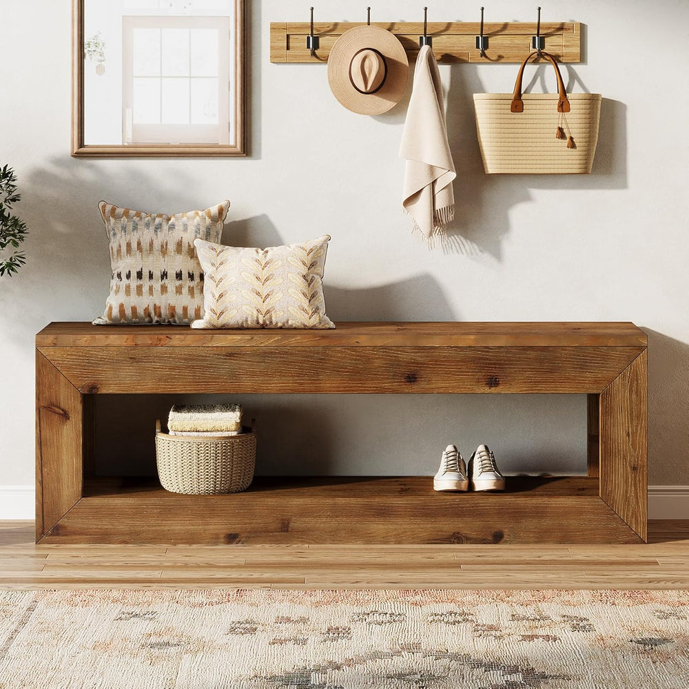 Solid Wood Entryway Bench, 47" Rustic Farmhouse Indoor Bench Seat with S...