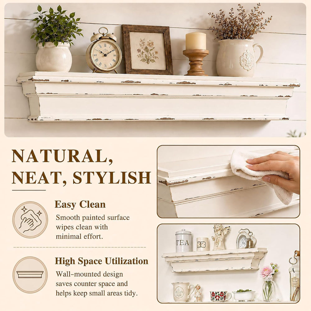 23.6 Inch Distressed White Wall Shelf, Rustic Farmhouse Floating Shelf