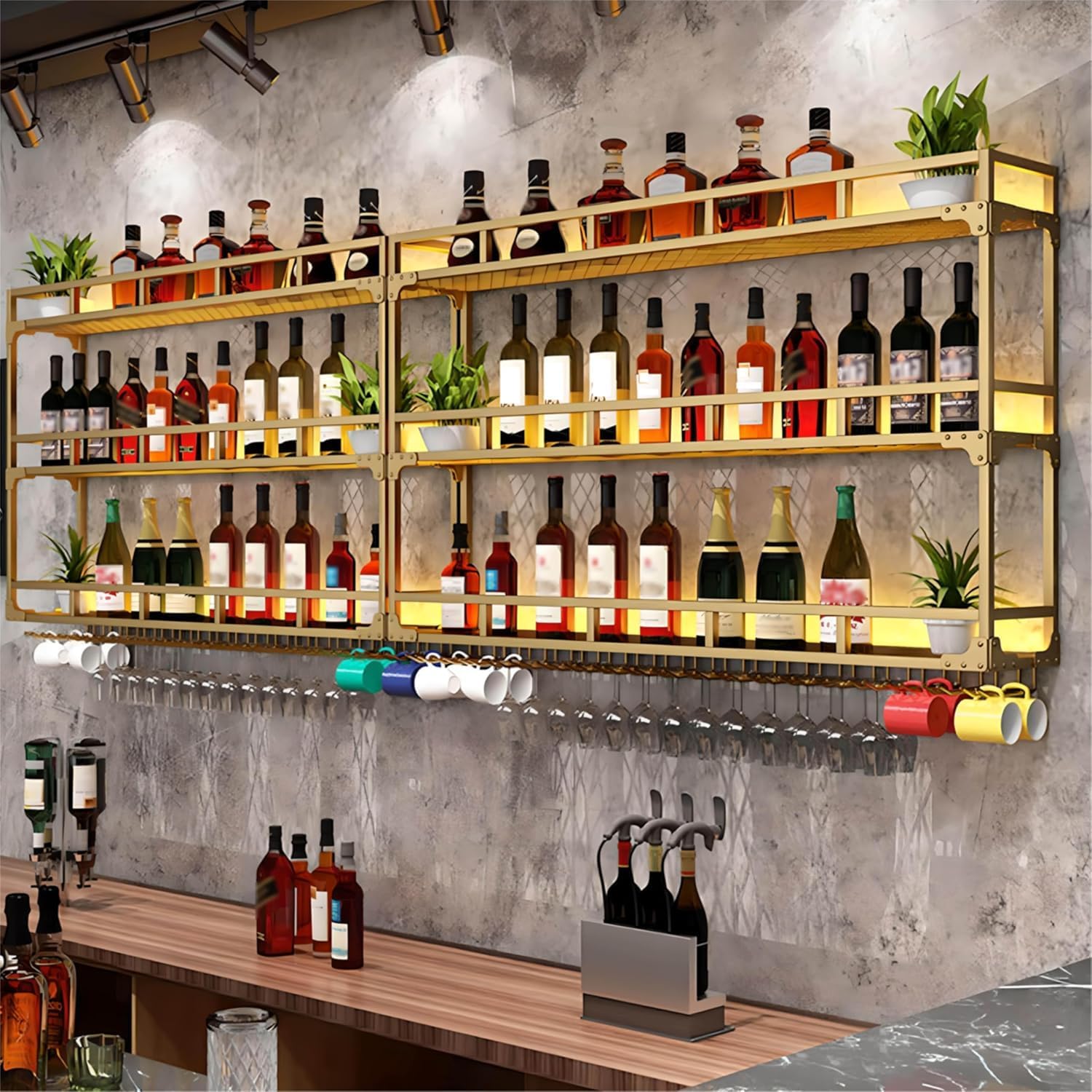 Wall Mounted Wine Rack, Floating Industrial Liquor Glass Holder 3 Tiers, Large Metal Wine Bottle Display Rack Hanging Shelf, for Home Bar Dining Room Decorative (Gold, 47.24x35.43x9.84in)