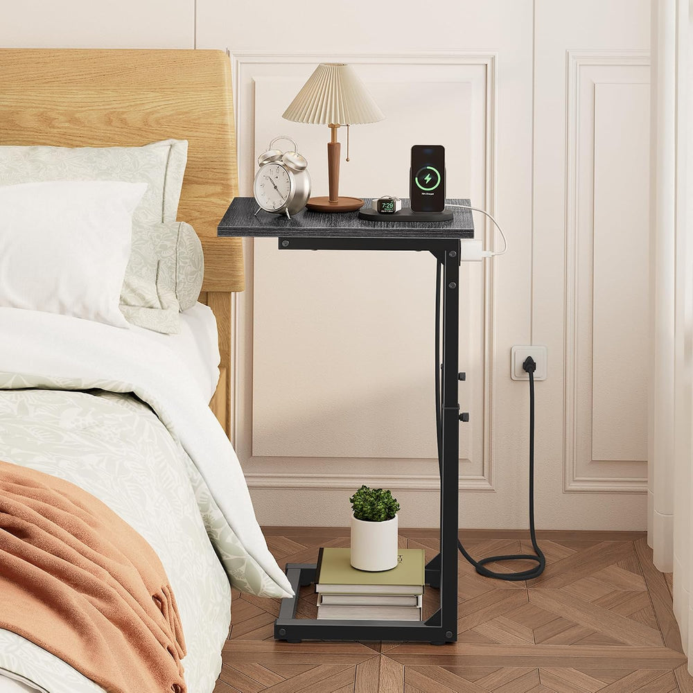 Vagusicc C Shaped End Table with Charging Station, 33" Tall Side Table f...