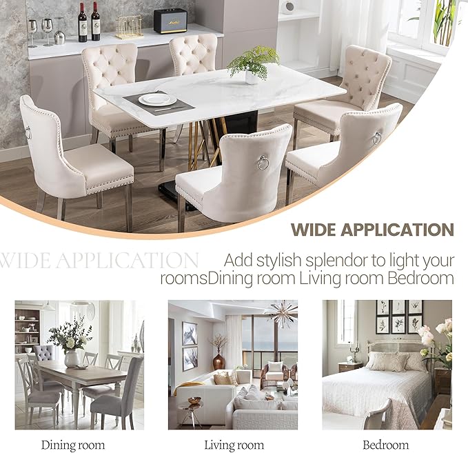 KCC Velvet Dining Chairs Set of 2, Upholstered High-end Tufted Dining Room Chair with Nailhead Back Ring Pull Trim Stainless Steel Legs, Contemporary Nikki Collection Modern Style for Kitchen, Beige