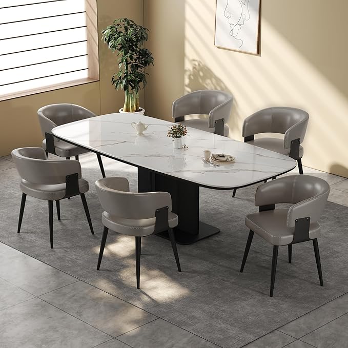 Modern Dining Chairs Set of 6, Upholstered Faux Leather Kitchen Side Chairs with Curved Open Back, Elegant Decorative Stitching, Easy Assembly for Dining Room, Restaurant, Cafe, Matte Gray